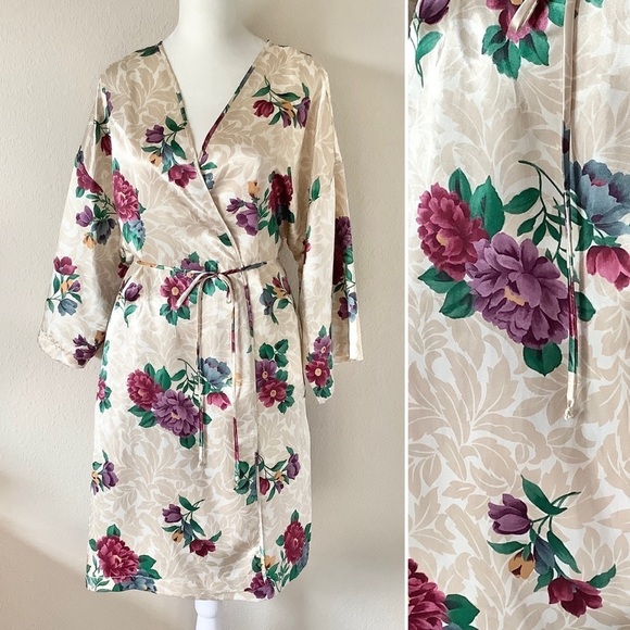 VINTAGE Satin Kimono Robe Tie Waist Floral Retro Glam Bridal Romantic Cream L - Picture 1 of 10